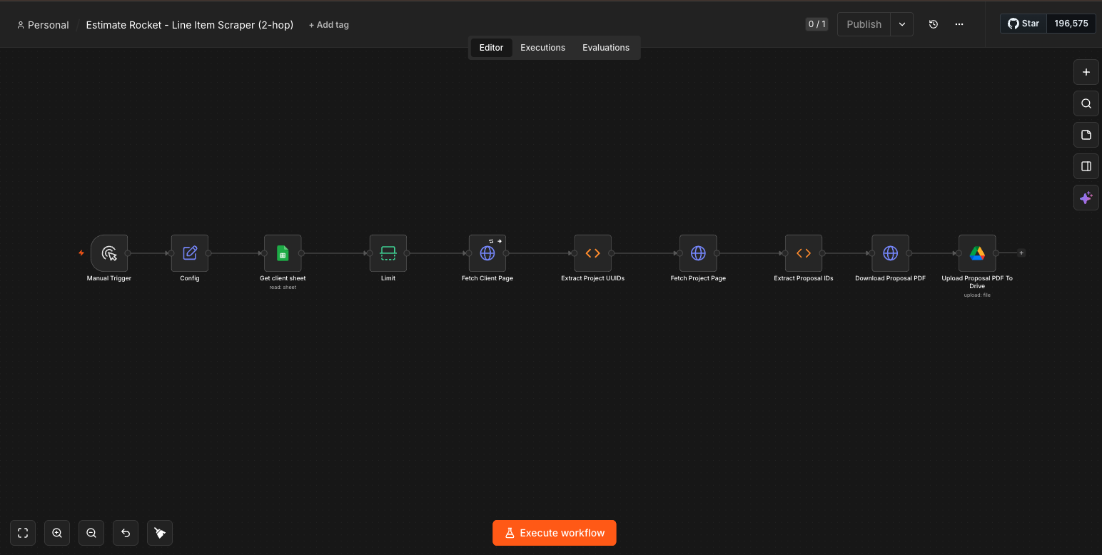 n8n scraper workflow pulling proposal PDFs from Estimate Rocket
